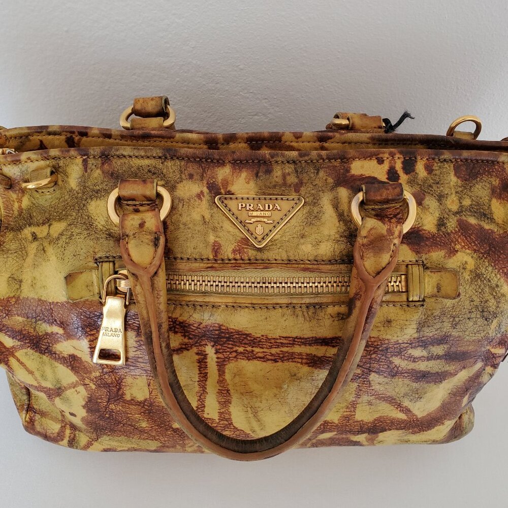 Prada tote top handle bag leather dyed camo brown black beige tan galleria lux - Picture 3 of 16